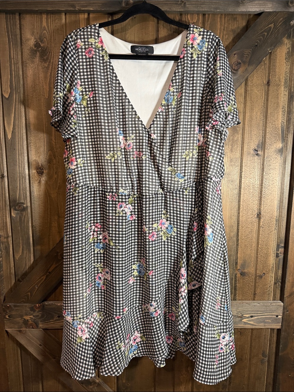 Michel Studio Black Gingham Floral Wrap Midi Dress